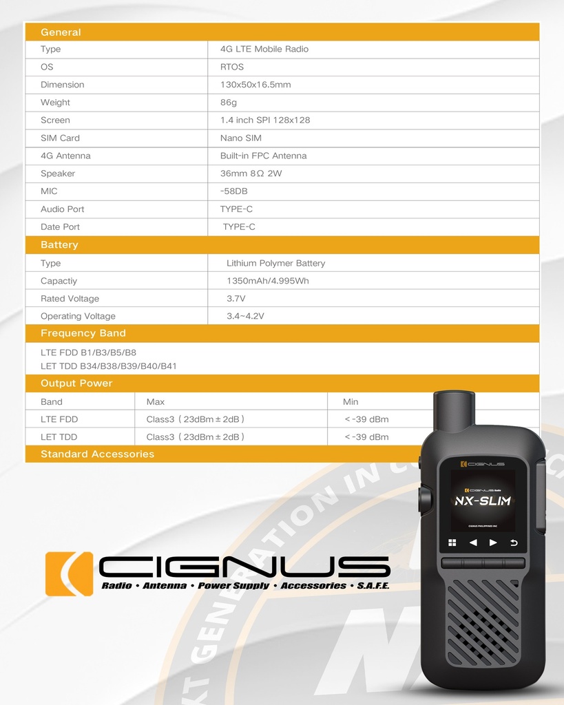Cignus NX-Slim -  LTE PoC Radio Specifications